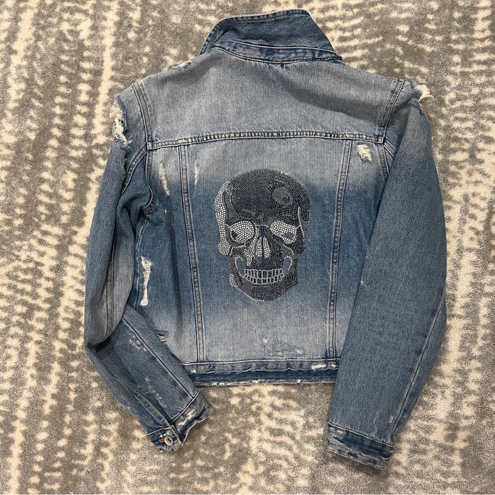 Vintage Denim Jacket with Rhinestone Skull